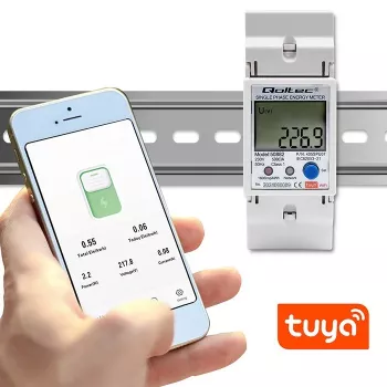 Qoltec 50882 Vienfāzes elektroniskais elektroenerģijas patēriņa skaitītājs DIN sliedei | Wi-Fi | TUYA | 230V | LCD