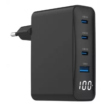 Gembird TA-UC-PDQC100LCD-01-BK lādētājs mobilajām ierīcēm, 100 W, GaN, 4 porti, LCD displejs, melns