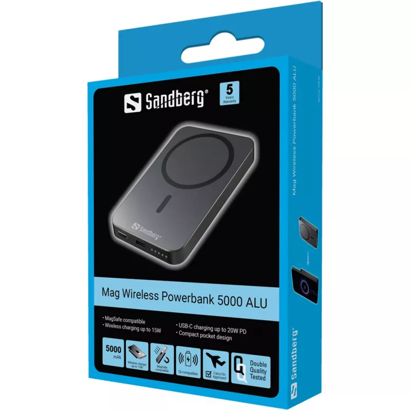 Pārnēsājams akumulators Sandberg Mag Wireless Powerbank 5000 ALU, 5000 mAh
