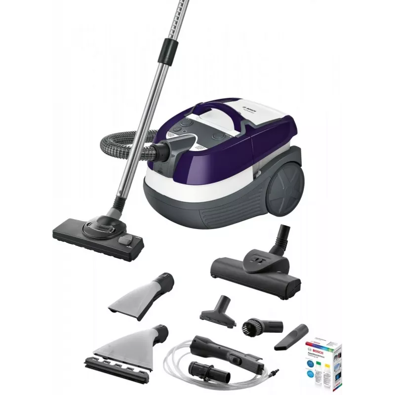 Slapjās un sausās tīrīšanas putekļsūcējs Bosch BWD 41740 AquaWash&Clean — 1700 W, 5 L tvertne, EPA filtrs, teleskopiskā caurule, 9 m rādiuss, violets