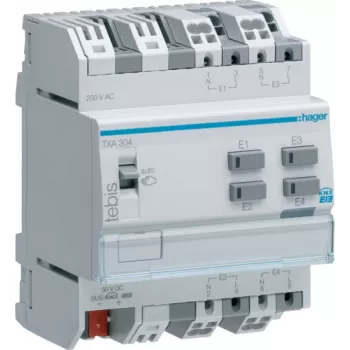 Digitālais/analogais I/O modulis Hager TXA304 — 4 digitālie ieejas kanāli, 21–32 V DC, līdz 230 V, 50–60 Hz
