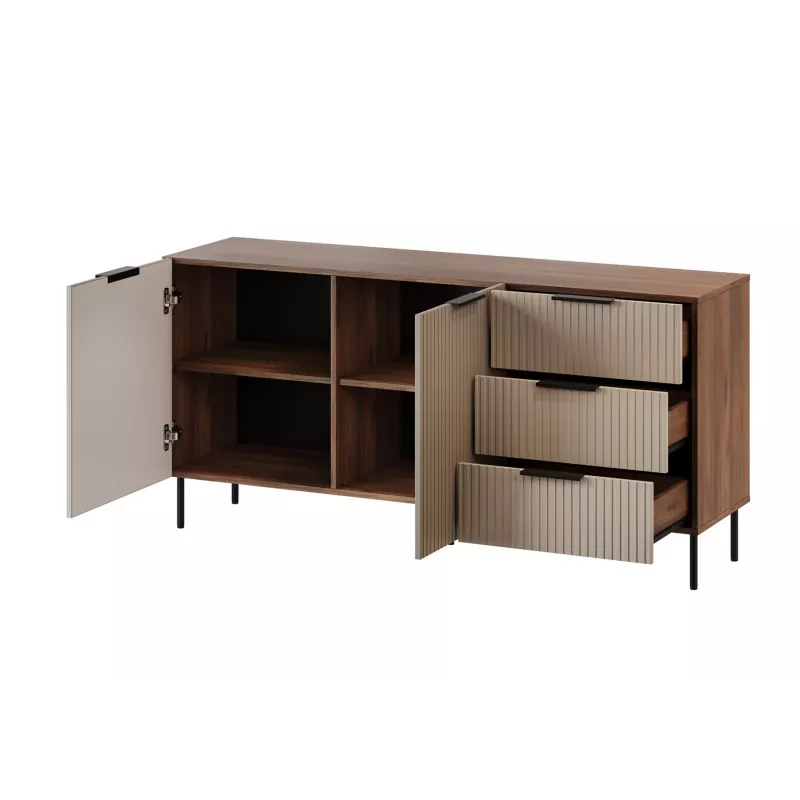 Kumode ALMERA 156×42×75 cm, valrieksts/krems, 3 atvilktnes, skaidu plātne