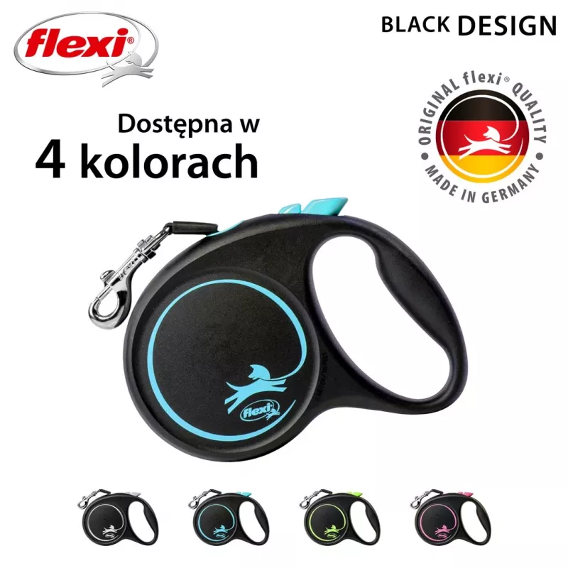 Suņa izvelkamā pavada Flexi Black Design M — 5 m lente, 25 kg slodze, ergonomisks rokturis