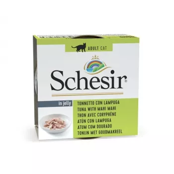 Slapjā kaķu barība Agras Pet Foods SCHESIR Tuncis ar mahi mahi želejā, 85 g skārdenē, 12.5% olbaltumvielas, 1% tauki, 85% mitrums