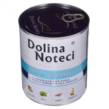 Slapjā suņu barība Dolina Noteci Premium Jērs 800 g skārdenē — bezgraudu, pieaugušiem suņiem, olbaltumvielas 12%, mitrums 77%