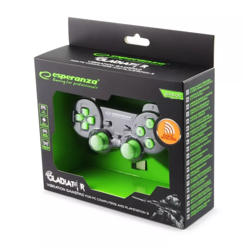 Vadu spēļu kontrolieris ESPERANZA EGG108G — USB 2.0, 12 pogas, analogs/digitāls, D-pad, PC un PlayStation 3, melns/zaļš