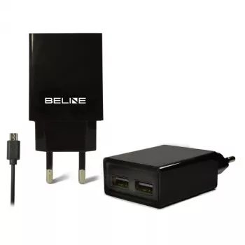 Ceļojumu lādētājs Beline Beli0011 — 2× USB porti, microUSB kabelis, 2A izvade, melns