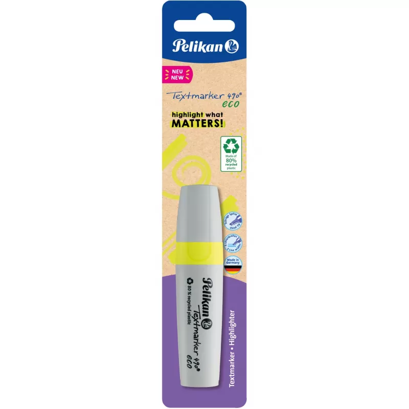 Marķieris Pelikan Textmarker 490 eco dzeltenā krāsā ar kaltveida galu