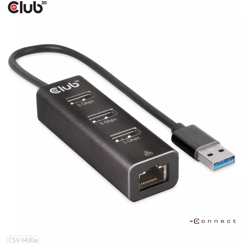 USB Hubs CLUB3D USB 3.2 Gen1 Type-A 3 Porti ar Gigabit Ethernet