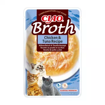 INABA Ciao Broth kaķu našķi, vista, zivs un ķemmīšgliemenes, 10 x 40 g