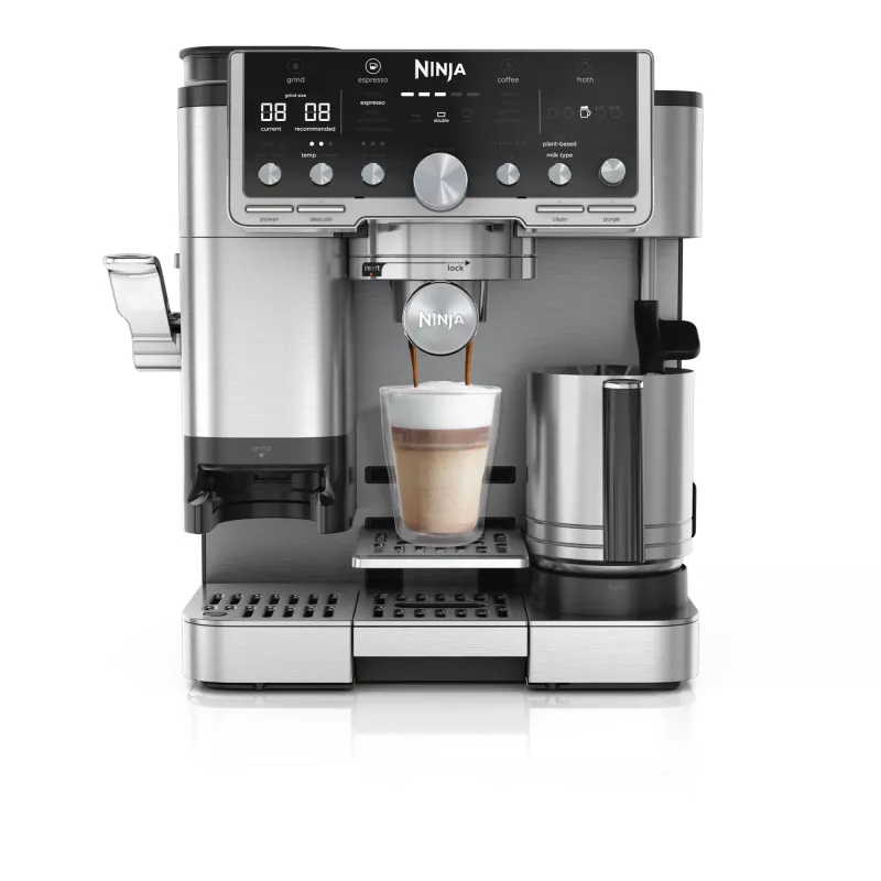 Kafijas automāts Ninja ES701EU — daļēji automātisks, iebūvēta dzirnaviņa, 2 L ūdens tvertne, 1650 W, 25 malšanas pakāpes, piena tvertne, 14 bar sūknis