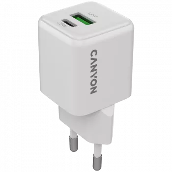 Canyon CU20AC GaN 20W PD lādētājs, 2 porti (USB-A/USB-C), balts