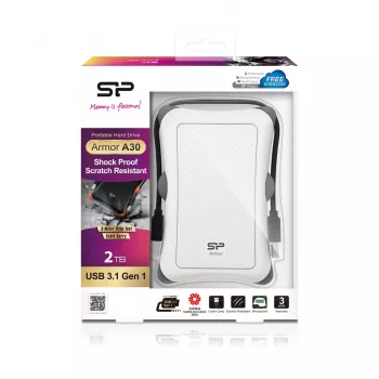 Ārējais cietais disks Silicon Power Armor A30 2TB 2,5 collu USB 3.2 Gen 1, balts, triecienizturīgs, 256 bitu AES