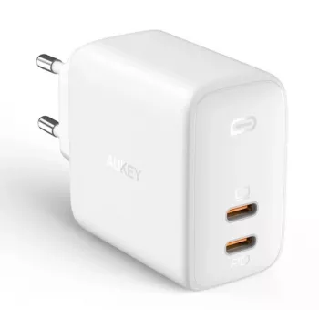 Sienas lādētājs Aukey PA-B4 2x USB Balts GaN – kompakts USB barošanas adapteris ar diviem USB portiem