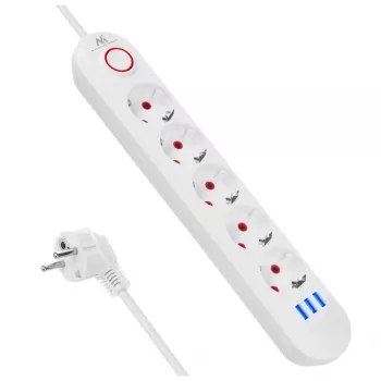 Pagarinātājs MACLEAN MCE395 W — 5 kontaktligzdas, 3× USB A, 110–240 V AC, 2.1 A USB, max 2500 W, balts, 1.5 m vads