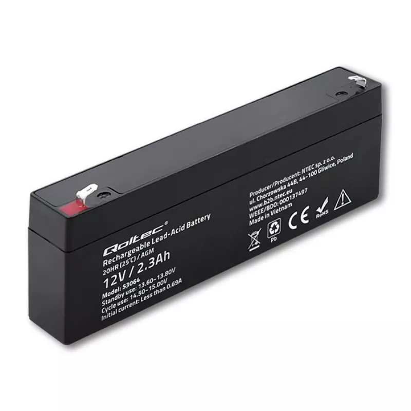 Noslēgts AGM akumulators QOLTEC 12V 2.3Ah UPS un rezerves sistēmām, maksimālā izlāde 34.5A