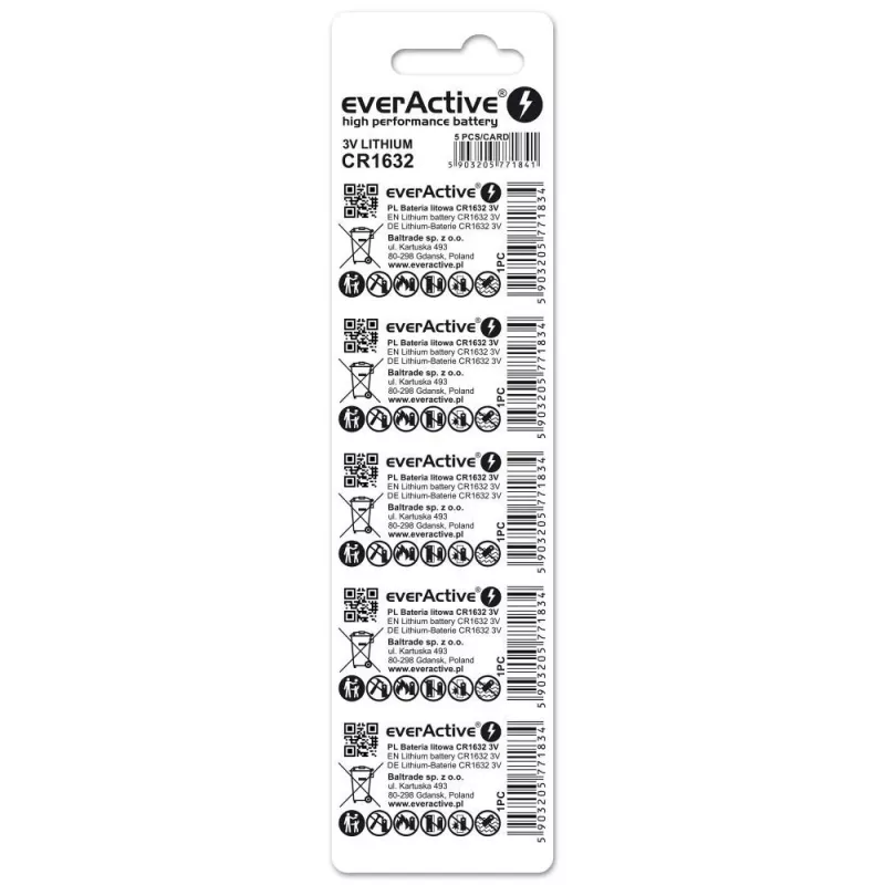 Baterija everActive CR1632 litija vienreizējā monēta 3 V — 5 gab., 16 mm × 3,2 mm