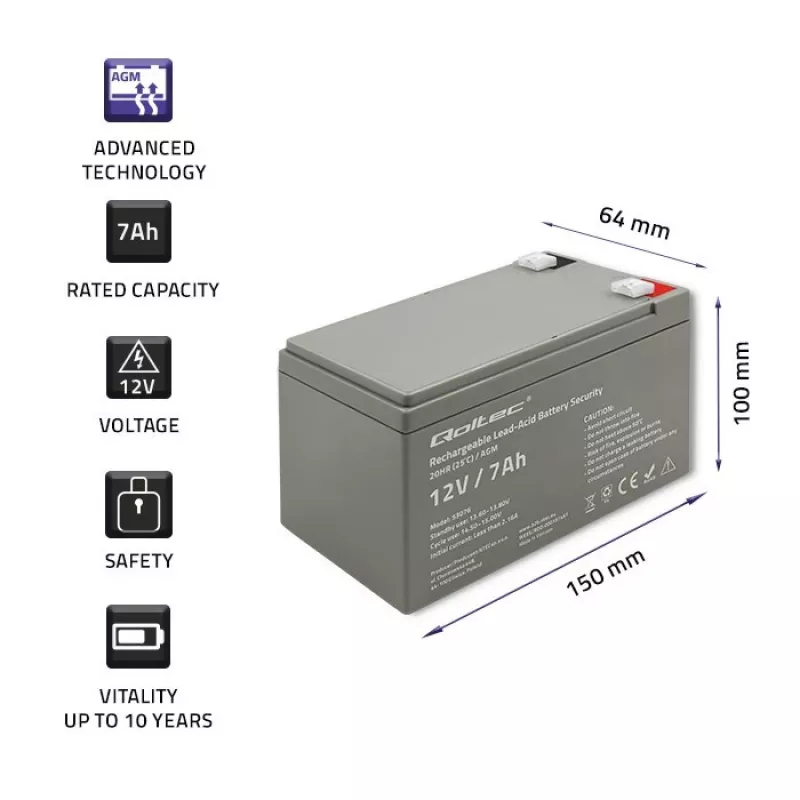 Qoltec 53076 AGM akumulators | 12V | 7Ah | Drošības sistēmām