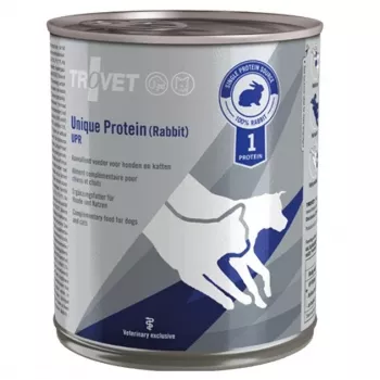 Slapjā barība TROVET Unique Protein UPR Rabbit 800 g – truša vienas olbaltumvielas avota diētiskā barība pieaugušiem kaķiem un suņiem ar alerģijām, bez lipekļa un sojas