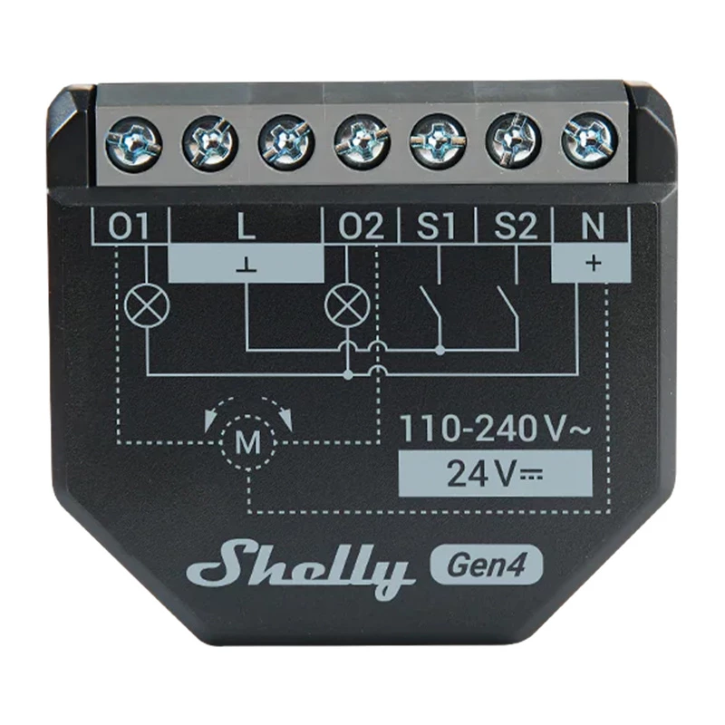 Shelly 2PM Gen4 divkanālu žalūziju un slēģu izpildmehānisms, AC 110–240V, 2.4 GHz Wi‑Fi, 1.4 W, 8000 KB zibatmiņa
