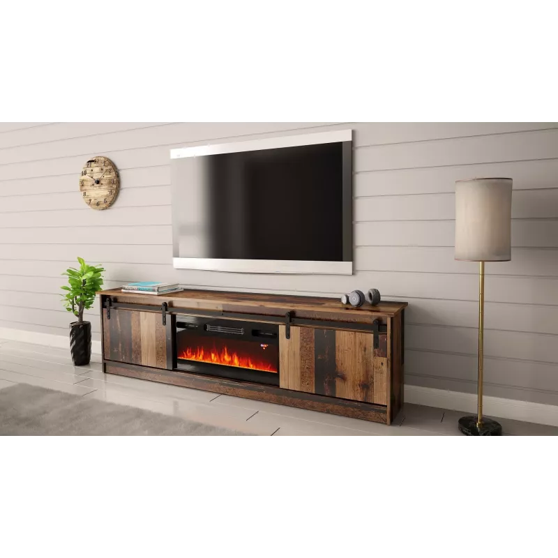 TV skapis Cama Meble GRANERO ar kamīna sekciju, 2000×567×350 mm, skaidu plātne/MDF, bīdāmās 2 durvis, matēts vecais koks