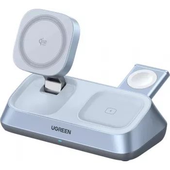 UGREEN MagFlow W711 3-in-1 magnētiskais Qi2 25W bezvadu galda lādētājs iPhone, AirPods un Apple Watch, sudraba