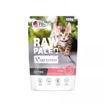 VETEXPERT Raw Paleo Kitten Cūkgaļa 100 g — graudus nesaturoša pilnvērtīga barība kaķēniem