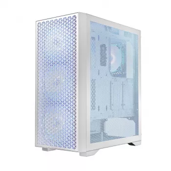 Korpus LOGIC Dart Pro Midi ARGB balts — Midi Tower, ATX, 456×200×385 mm, max GPU 34 cm, CPU dzesētāja augstums 155 mm, 3x120mm priekšā + 1x120mm aizmugurē, USB 3.0 x2, USB-C x1