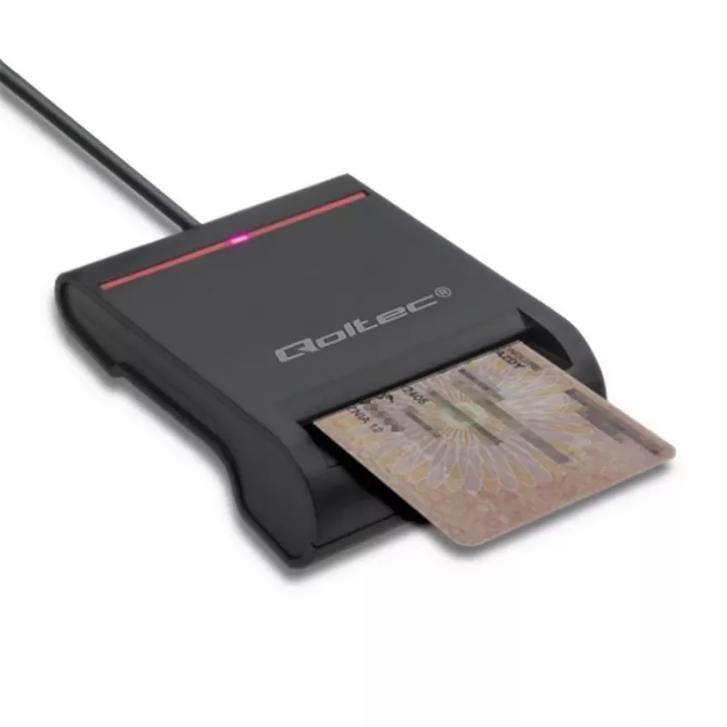 ID kartes skeneris QOLTEC Smart chip ID card scanner — USB, melns, 84.5×65×16 mm, 63 g