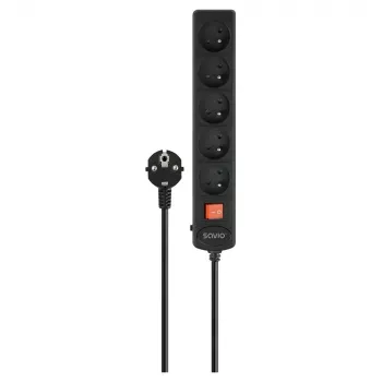 Pagarinātājs SAVIO LZ-18 — 5 m kabelis, 5 kontaktligzdas, iekštelpām, melns, 10 A, 50 Hz