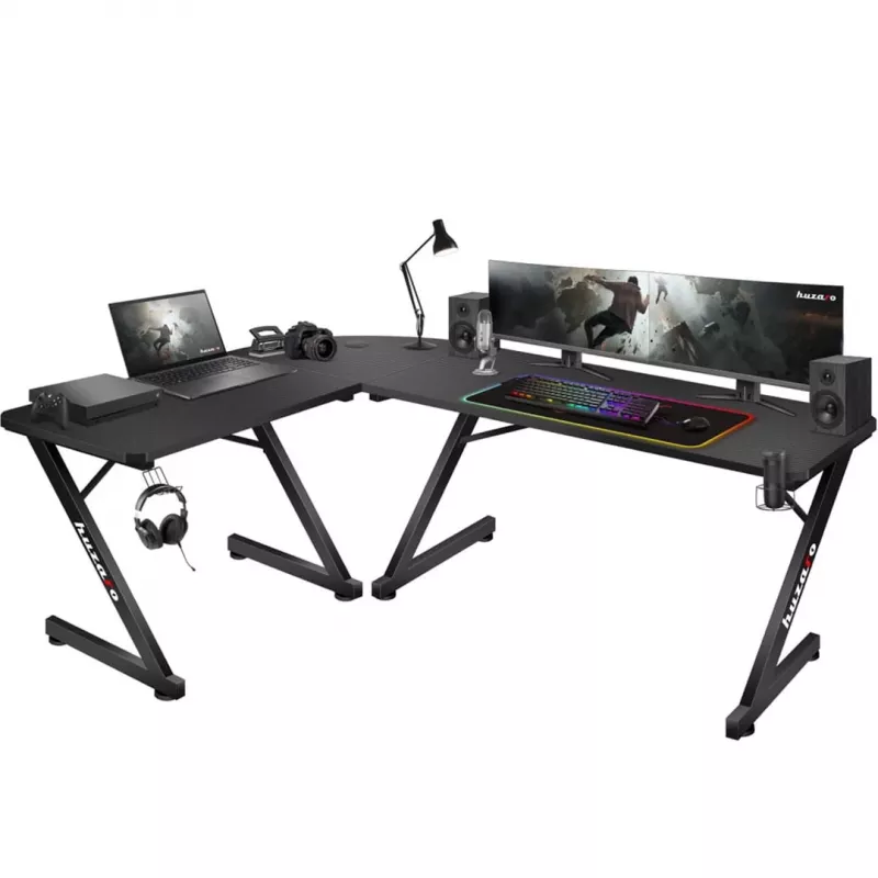 Stūra galds Huzaro Hero 7.0 Melns – oglekļa šķiedras virsma 1540×1170×725 mm, alumīnija rāmis, 1.5 cm biezums