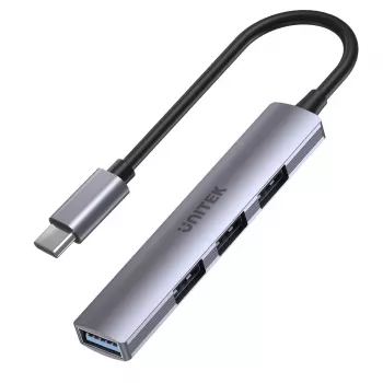 USB-C centrmezgls Unitek H1208B — 1x USB-A 5 Gbps, 3x USB-A 2.0, USB-C pieslēgums, alumīnija korpuss, 0.20 m kabelis