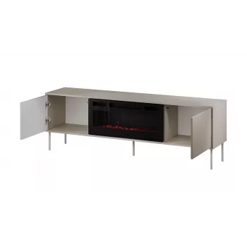 TV skapis ar kamīnu Cama Meble TRESSE 180x40x54.5 cm — melns rāmis, cashmere matt virsma