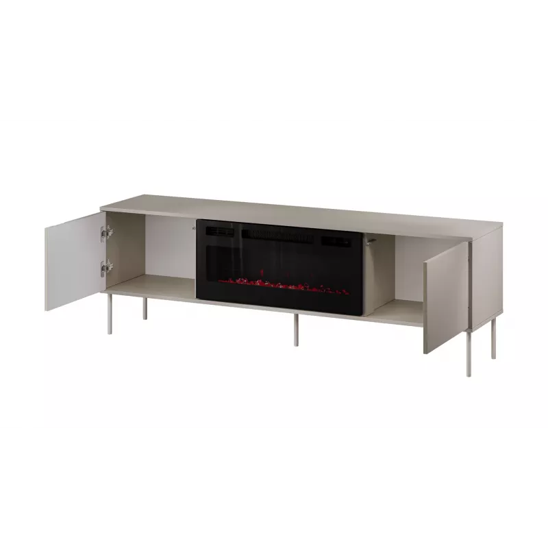 TV skapis ar kamīnu Cama Meble TRESSE 180x40x54.5 cm — melns rāmis, cashmere matt virsma