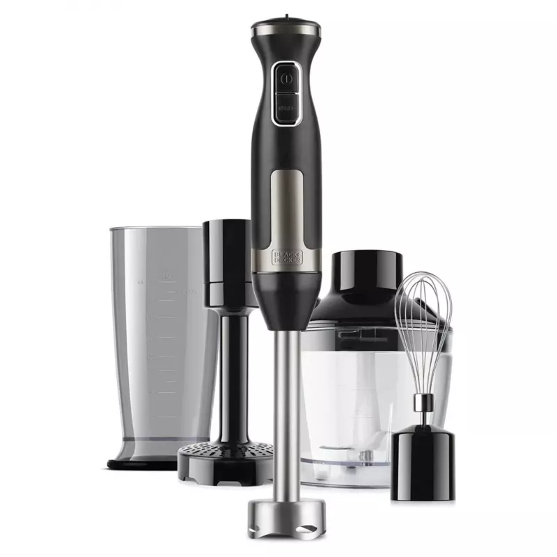 Rokas blenderis Black & Decker BXHBA1500E — 1500 W, nerūsējošā tērauda kāts, 20 ātrumi, kapājamais trauks, putotājs, pulsācija