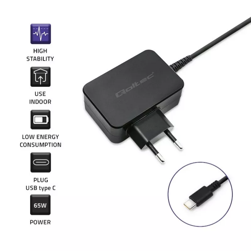 Mobilās ierīces lādētājs QOLTEC 51024 — Universāls AC iekštelpu lādētājs, 65W PD, 20V/3.25A, 1.2m kabelis, Melns