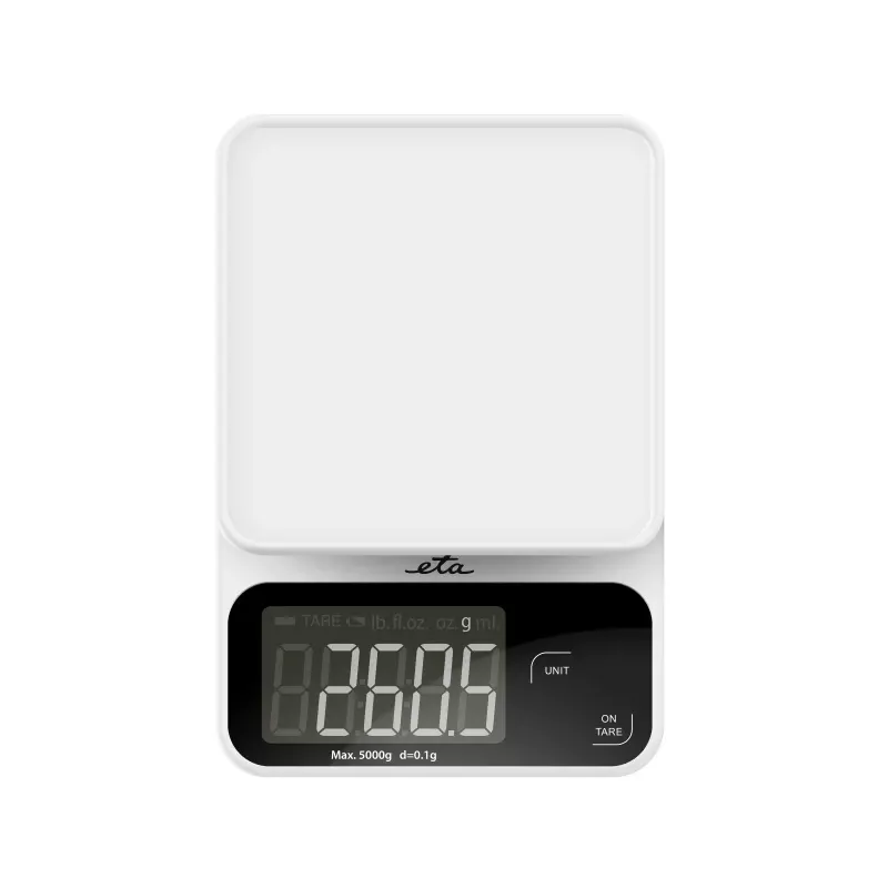 Virtuves elektroniskie svari ETA POPI Balts — max 5 kg, precizitāte 1 g, LCD displejs, AAA baterijas