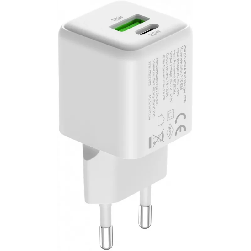 YENKEE YAC G38 20W 3A Power Delivery USB-C un USB-A sienas lādētājs