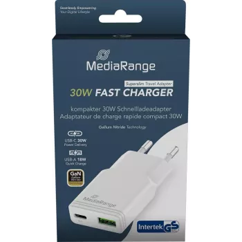 Lādētājs MediaRange MRMA125 30W 2-Portu (1x USB-A, 1x USB-C, GaN) balts