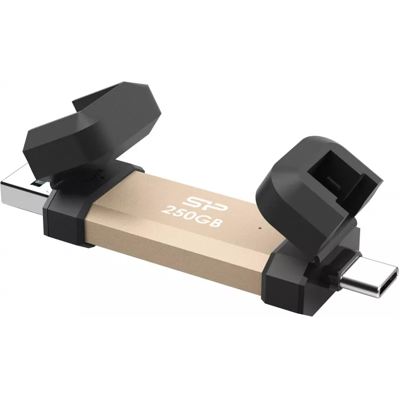USB zibatmiņa Silicon Power DS72 250 GB, USB 3.2 Gen 2 Type-A / Type-C, alumīnijs/gumijas vāciņš, zelts