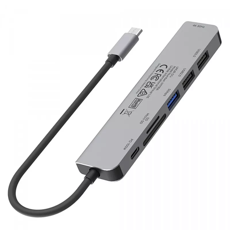 USB-C centrmezgls Unitek 7in1 Alumīnijs PD 100W 5 Gbps — daudzportu adapteris ar Power Delivery
