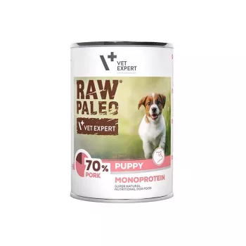 Slapjā suņu barība VETEXPERT RAW PALEO Monoprotein Cūkgaļa 400 g skārdenē, junioru suņiem, bez glutēna, bez sojas