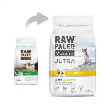 Sausā suņu barība VETEXPERT RAW PALEO Ultra Mini Adult Turkey 8 kg – pilnvērtīga grauzdiņu barība pieaugušiem mazo šķirņu suņiem, 24,5% olbaltumvielu, 14% tauku