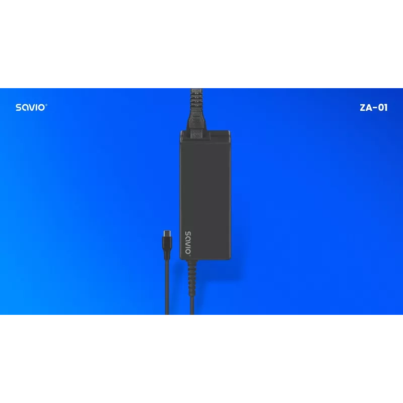 SAVIO ZA-01 iekštelpu maiņstrāvas lādētājs, 65W USB-C PD 3.0, 100–240V ieeja, viens ports, melns