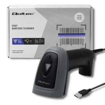 Rokas svītrkodu lasītājs QOLTEC 50863 — 1D/2D skeneris, USB vads, LED sensors, melns, 5V, 1.8 m kabelis