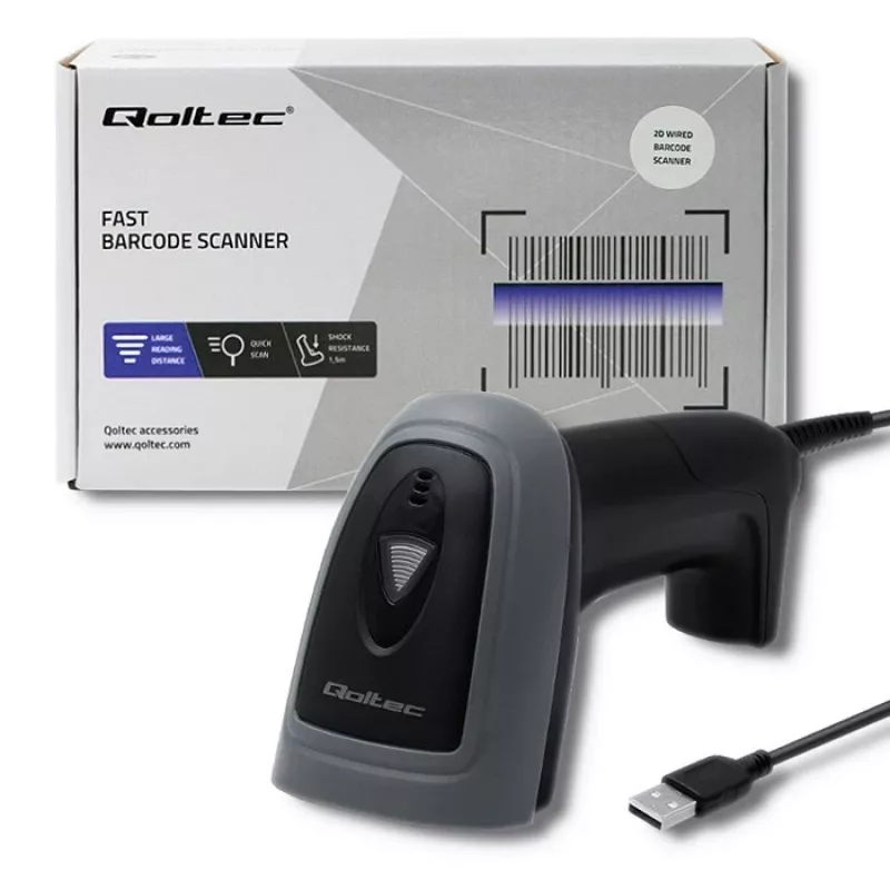 Rokas svītrkodu lasītājs QOLTEC 50863 — 1D/2D skeneris, USB vads, LED sensors, melns, 5V, 1.8 m kabelis
