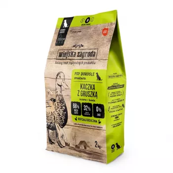 Sausā suņu barība wiejskazagroda Pīle ar Bumbieri 2 kg — pilnvērtīga graudaugu barība pieaugušiem suņiem