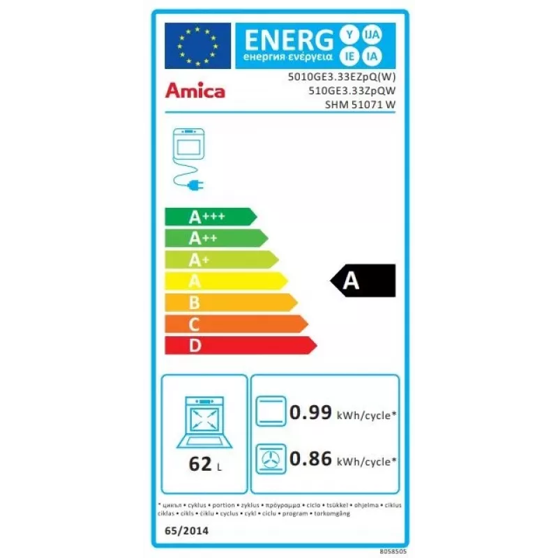 Brīvstāvoša plīts Amica SHM51071W balta, gāzes virsma 4 degļi, elektriskā cepeškrāsns 63L