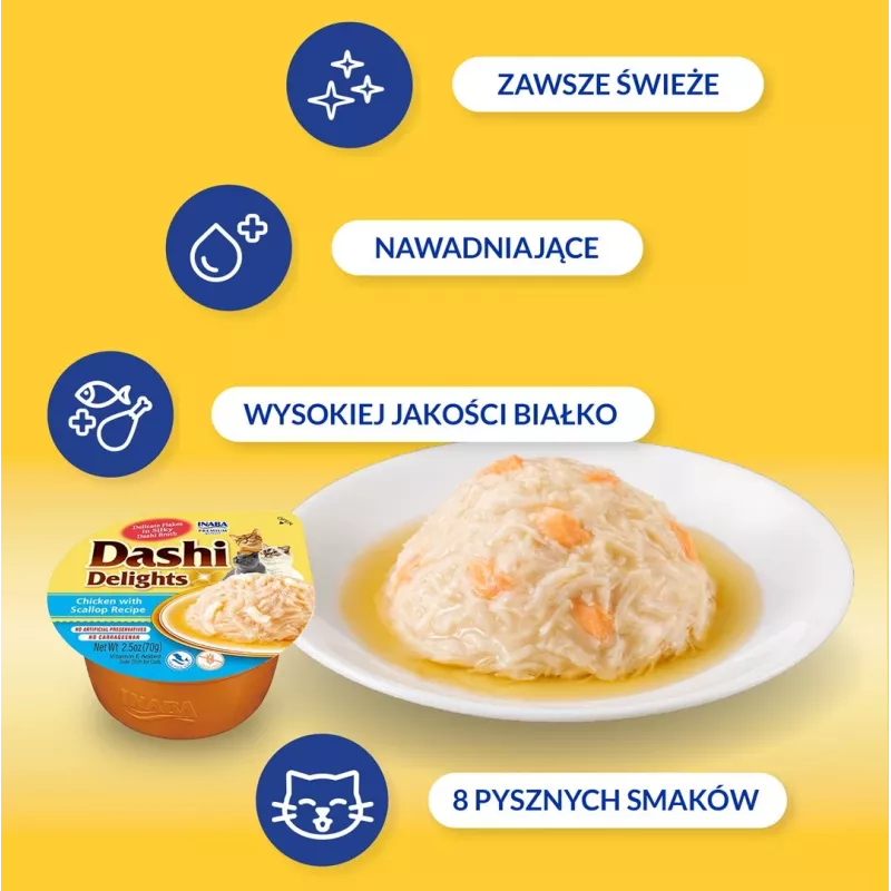 Kaķu gardums INABA Dashi Delights vistas, tunča un gliemenes buljonā 70 g — mitrs gardums kaķiem