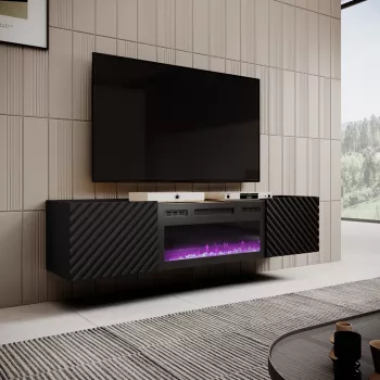 TV skapis Cama Meble ONDA ar elektrisko kamīnu 1805×400×580 mm, melns, skaidu plātnes virsma (stāvošs vai pie sienas)